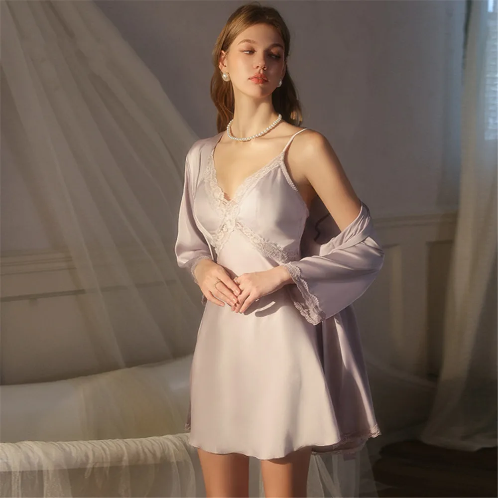 

Сексуальный женский комплект: кимоно, халат, ночная сорочка, домашнее платье из шелкового атласа с вырезами, летний вариант