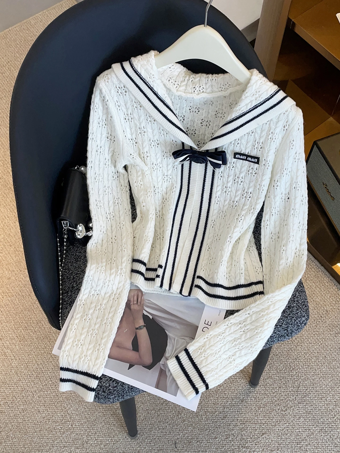 

Ele ort Knit Top Navy Collar College Sle Korean Version High End Women's Faion Autumn Winter Casual Wear