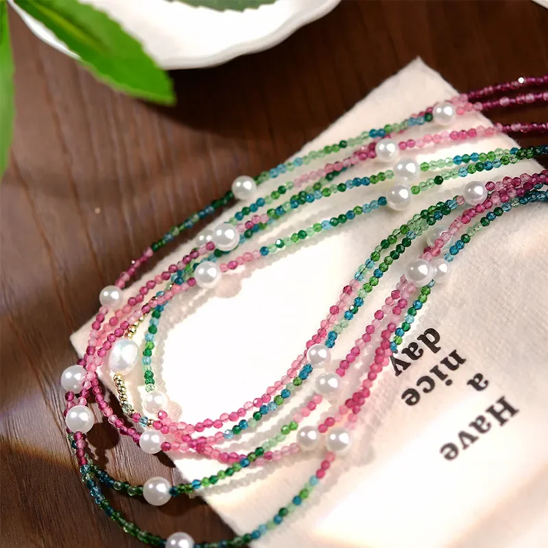 Crystal necklace new Chinese style color tip crystal gradual change pearl neck chain color dopamine cute girl pendant