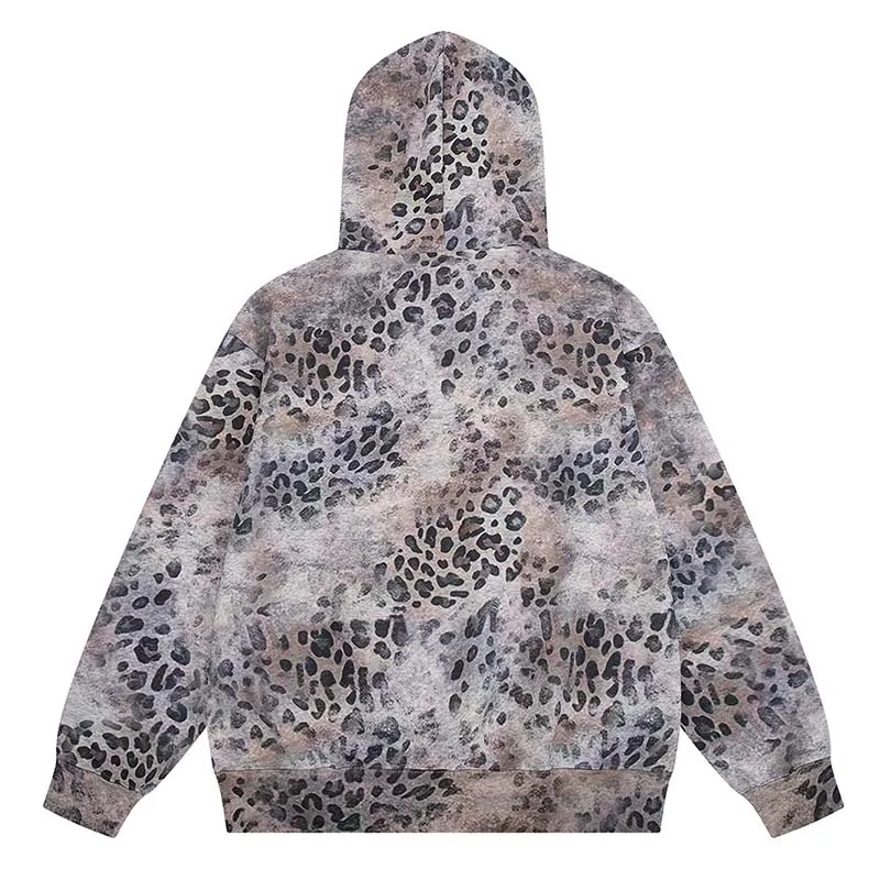 Lepoard Printed Hip Hop Sweatshirts Harakuju Streetwear Casual Pullover Hoodies For Male Loose Fit