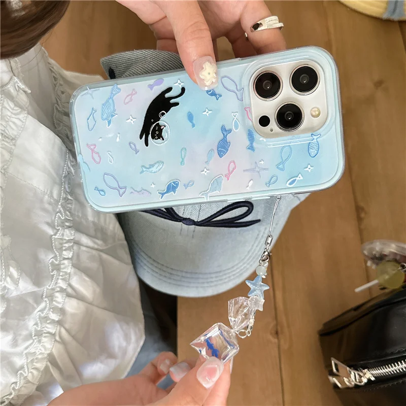 Cute Blue Small Fish Cat Phone Case For iPhone 16 Pro 15 14 Pro