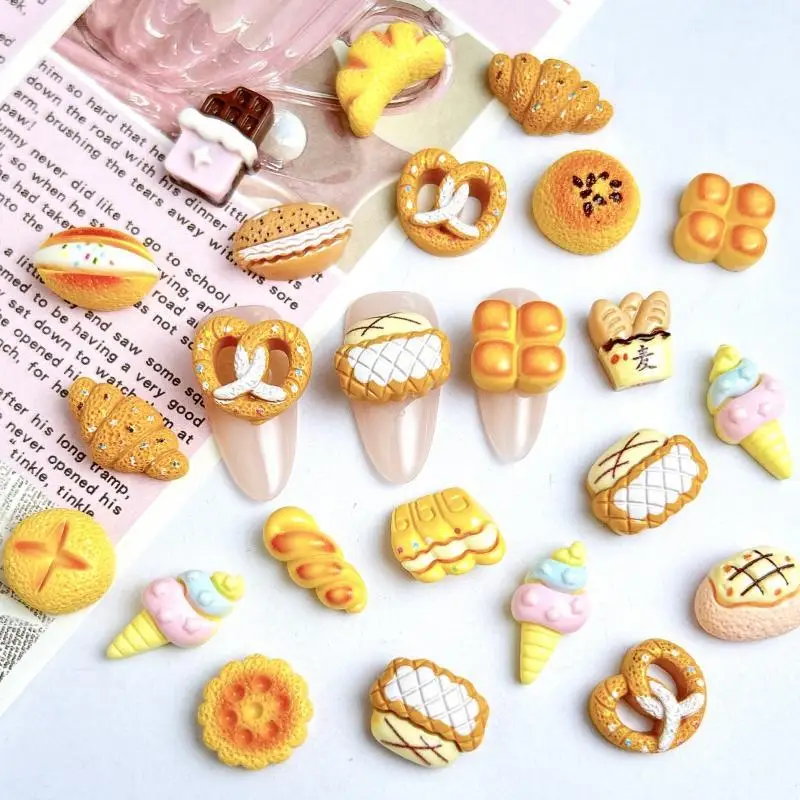 Simulated Cream Sandwich Bread Resin Nail Charms Cartoon Creative Baguette Toast Dessert Series Nail Art Decorations for DIY