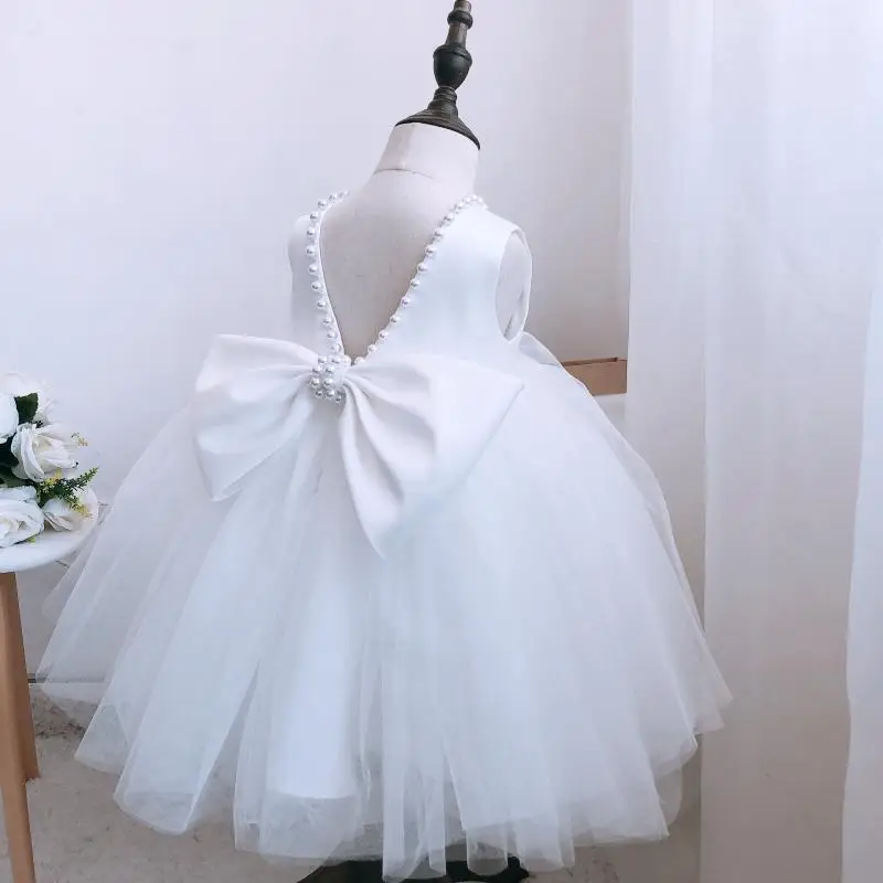 

White Flower Girl Mesh Dress for Girl Wedding Dress Fancy Birthday Party Children Tutu Dresses Pearl with Bow Toddler Clothing