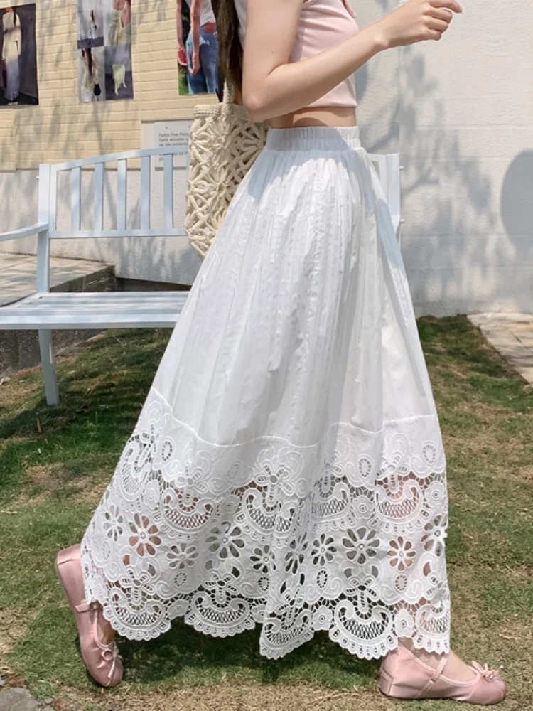 

Французская винтажная женская юбка 2026 года с белой вышивкой и ажурными вставками, универсальная, летняя, новая, элегантная, с высокой талией, плиссированная, длинная, в богемном стиле