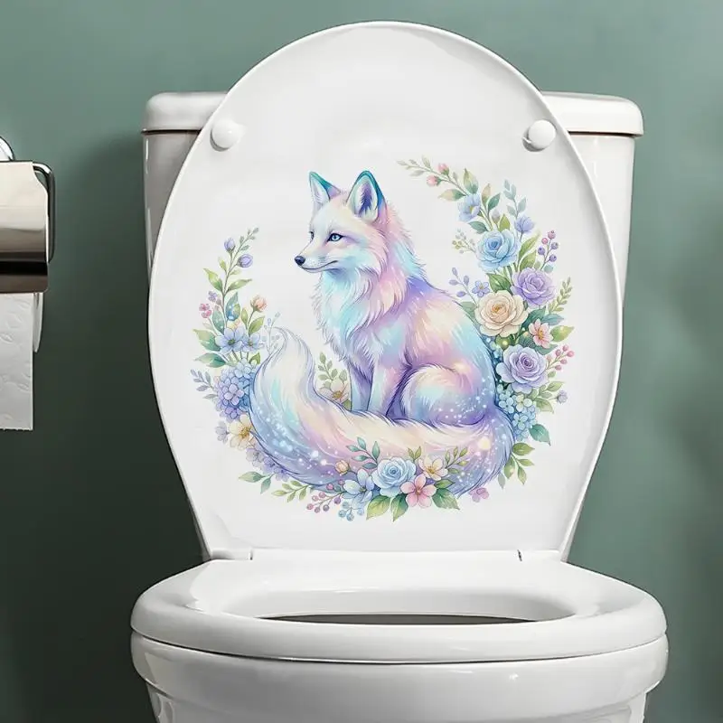 Gradient Iridescent Arctic Fox Bouquet Toilet Seat Sticker Bathroom Floor Decal Waterproof Anti Slip Removable Bathtub Decor