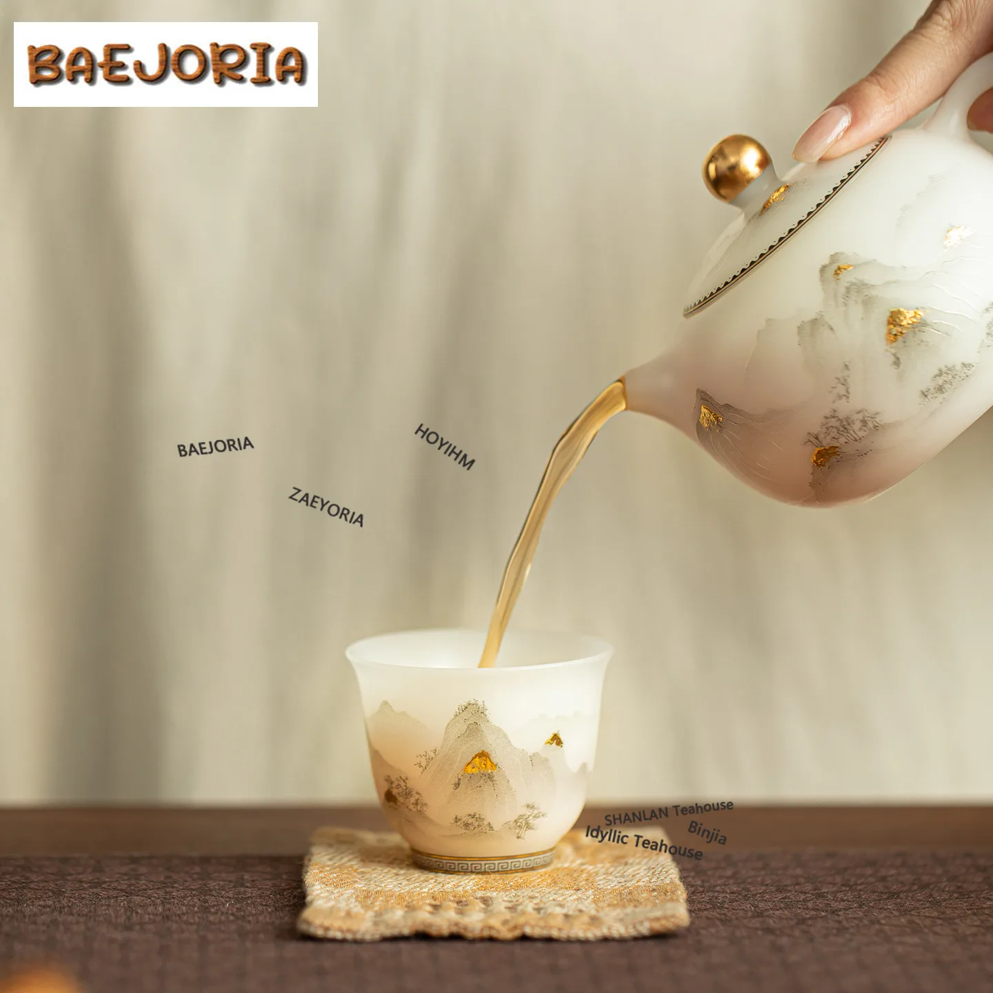 BAEJORIA 60ml Sheep Fat Jade Porcelain Gold Drawing Teacup Elegant Tea Bowl Single Cups Tea-tasting Personal Cup Jianzhan Master