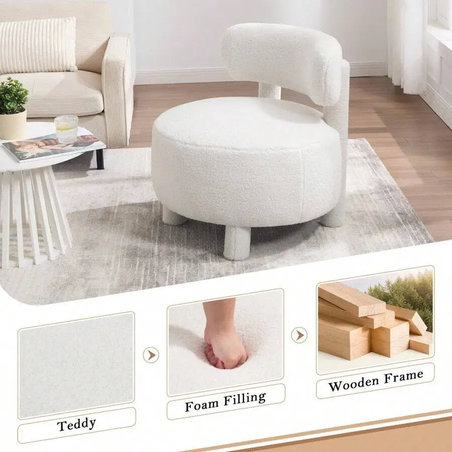 063-Teddy Fabric Armless Accent Chair With Curved Backrest And Solid Wood Legs Upholstered Chair Slipper Side Chair For Primary