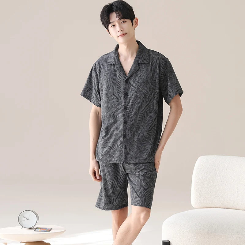 Summer Men's Knit Cotton Pajamas Fashion Sleepwear Cardigan Pajama Sets Casual Sleep&Lounge Pyjamas Short Sleeve Shorts Pijamas