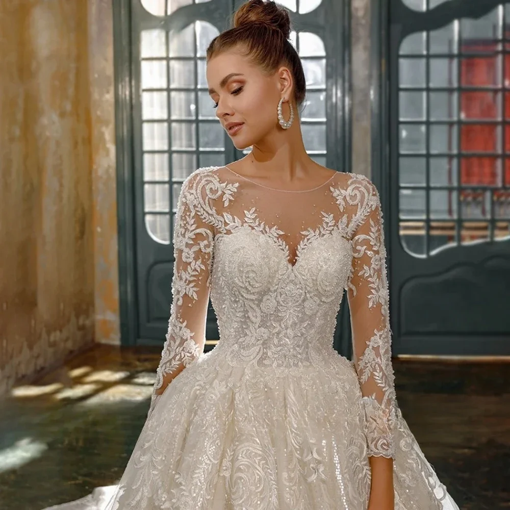 2025 vestido De Novia elegante De lujo, apliques De manga larga, Vestidos De Novia con cuentas De lentejuelas, batas De boda personalizadas