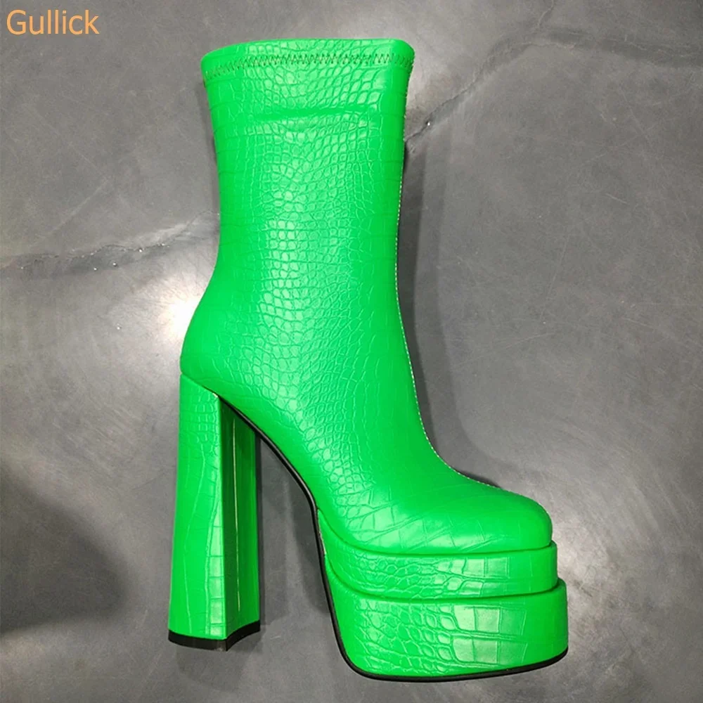 

2025 Autumn Winter New Square Toe Boots Double Platform Chunky Heel Super High Heel Snake Pattern Side Zipper Women Short Boots