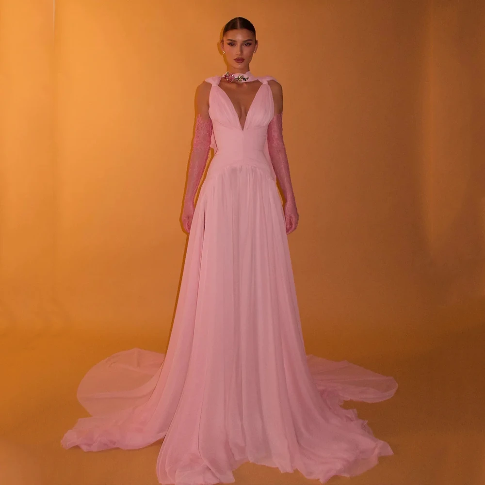 

Pink Chiffon Prom Dresses Deep V-Neck Sleeveless Sexy Evening Gowns For Women Backless vestidos de fiesta elegantes Customized