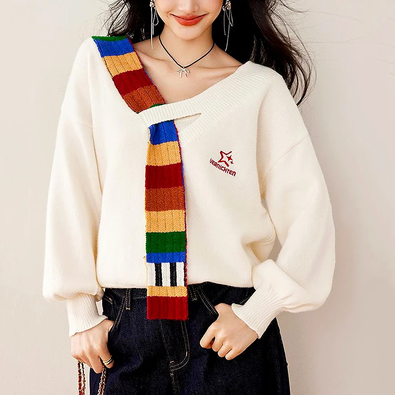 

V-Neck Long Sleeve Knitwear Women Contrast Color Striped Knitted Sweater Autumn Tops Korean Clothes Femme Camisetas Mujer SL184