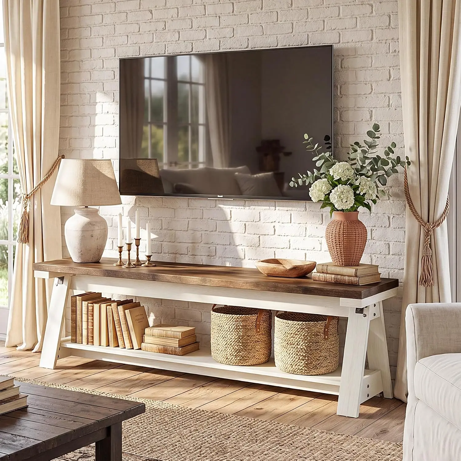 Farmhouse TV Stand 65 Inch, 2-Tier Entertainment Center Open Shelves, Console Living Room Bedroom, White & Brown, Customized