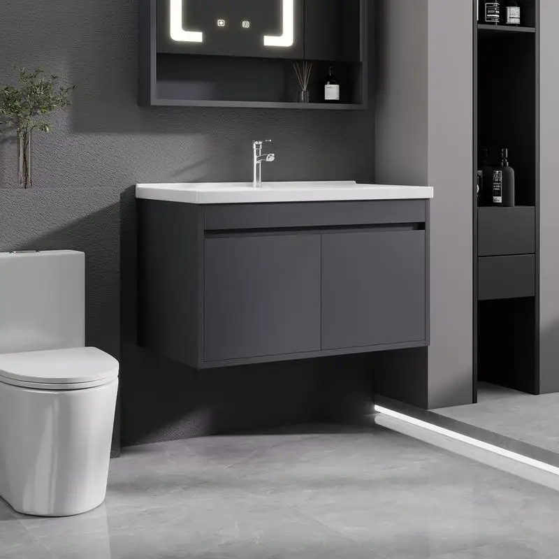 حوض حمام مثبت على الحائط مقاس 32 بوصة مع مجموعة حوض سيراميك، باب خزانة مغلق ناعم، يتضمن استنزاف منبثق وصندوق على شكل حرف P، رمادي