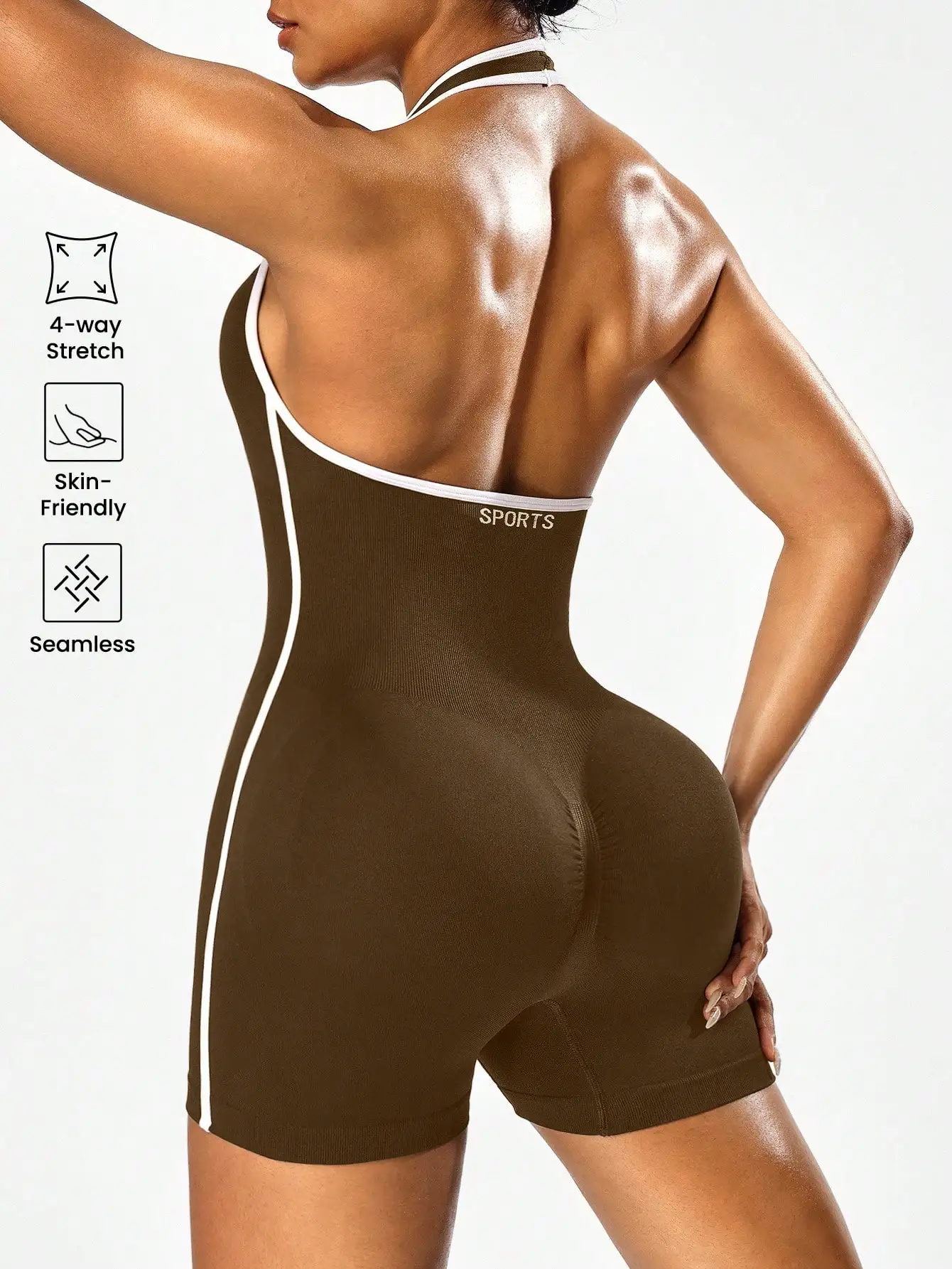 Yoga-Jumpsuit zum Überkreuzen über der Brust mit Farbblock-Design, rückenfreier Trainings-Jumpsuit für Damen, Oberbekleidung für grenzüberschreitendes Fitness-Training und – Detail 1