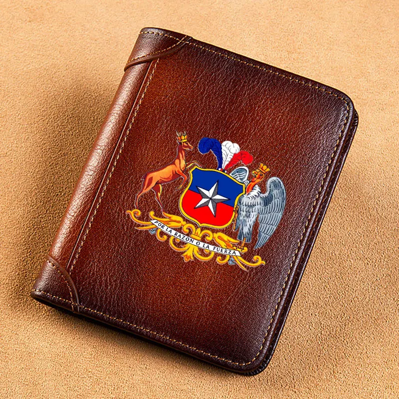 High Quality Genuine Leather Men Wallets National Emblem of Chile Cover Short Card Holder Purse Trifold Men's Wallet