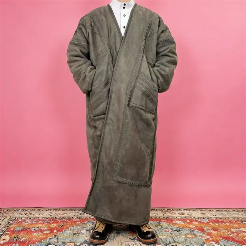 Winter Suede Jubba Thobe Eid Men's Robe Cardigan Pocket Muslim Dress Kimono Coat Fleece Warm Kaftan Abaya Thicken Islam Clothing