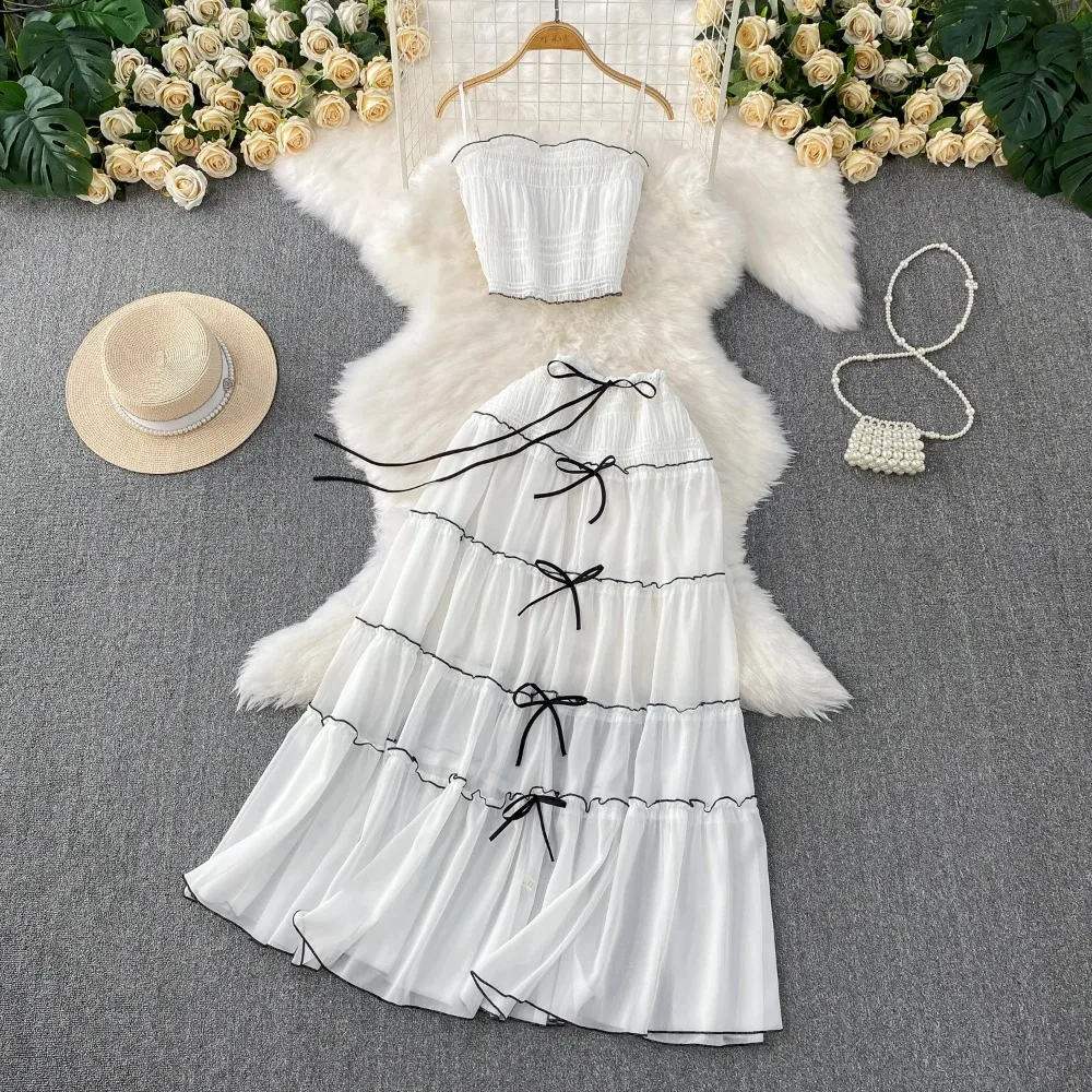 

Elegant butterfly mesh pleated sweet Spliced Beach Vacation Party Dress Women Summer A-line Vestidos Two Piece Set