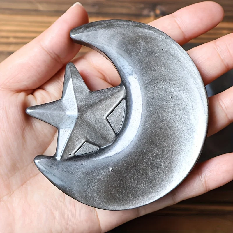 1pc CRYSTALHOLA Natural Obsidian Black Moon & Star Geode - Bohemian Carved Stone Decor for Home view 6