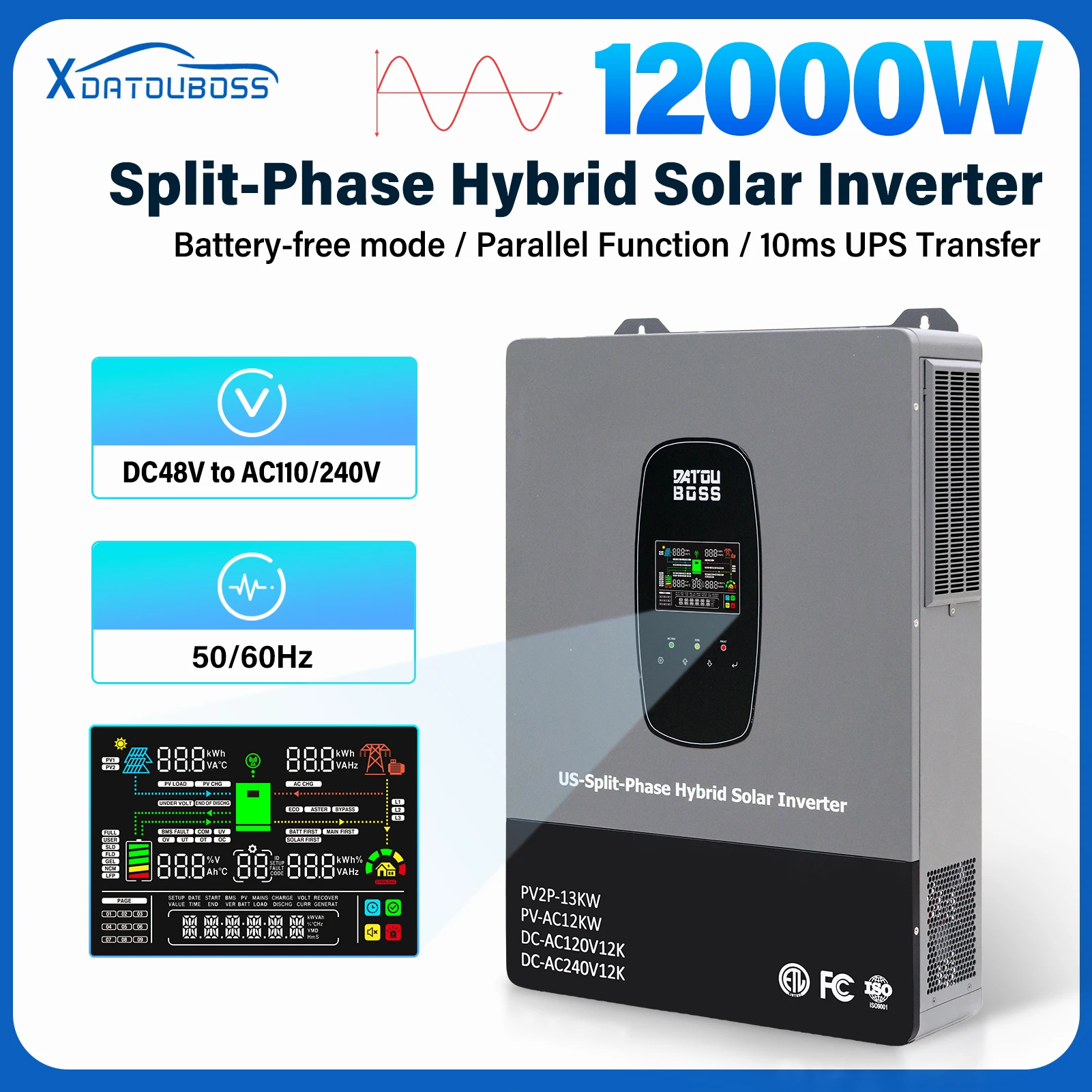 

DATOUBOSS 12KW 240V Solar Hybrid Inverter Phase-Split UPS Uninterruptible Power Supply Off-Grid Mode Available for U.S. Market