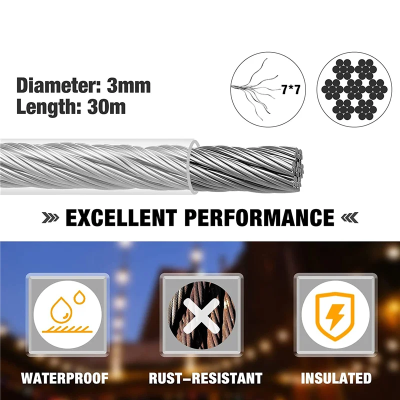 

PA-String Light Hanging Kit, Coated Wire Rope with Turnbuckles and Hooks for Deck Railing System Climbing
