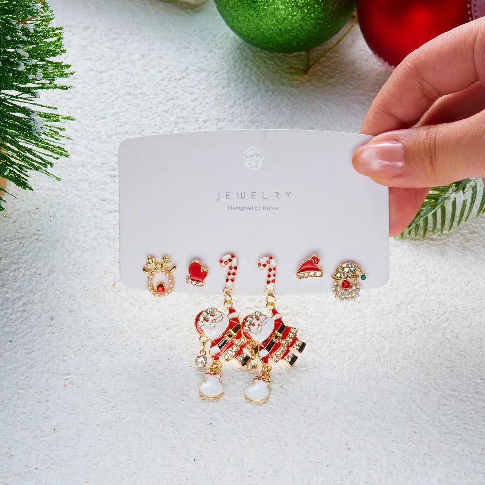 3Pair Set High Quality Exquisite Colorful Cane Beaded Inlaid Zircon Santa Claus Dangle Earrings for Women Christmas Jewelry Sets