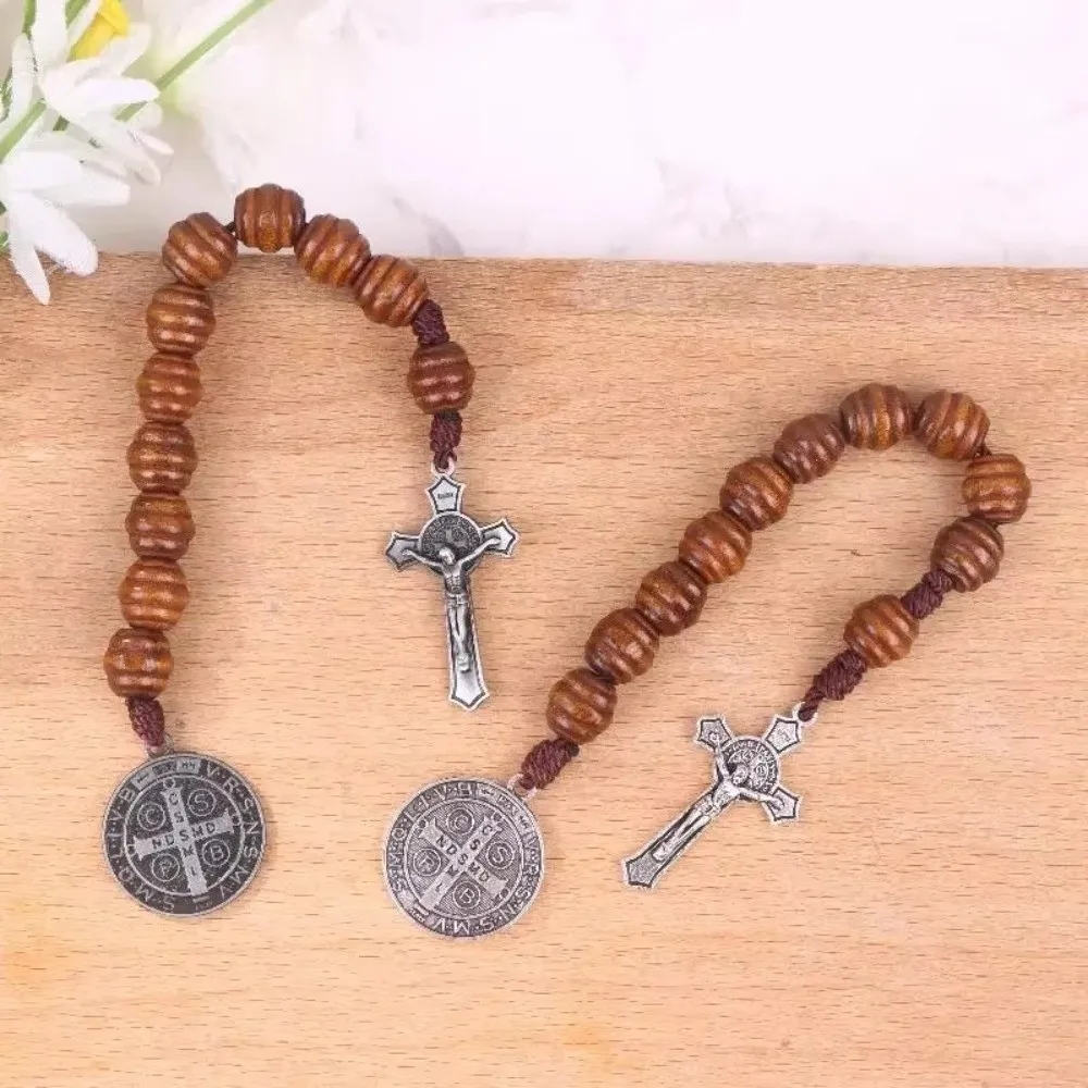 Vintage Saint Benedict Medal Prayer Alloy Wooden Prayer Beads Blessing Handmade Saint Benedict Rosary Prayerful Catholic