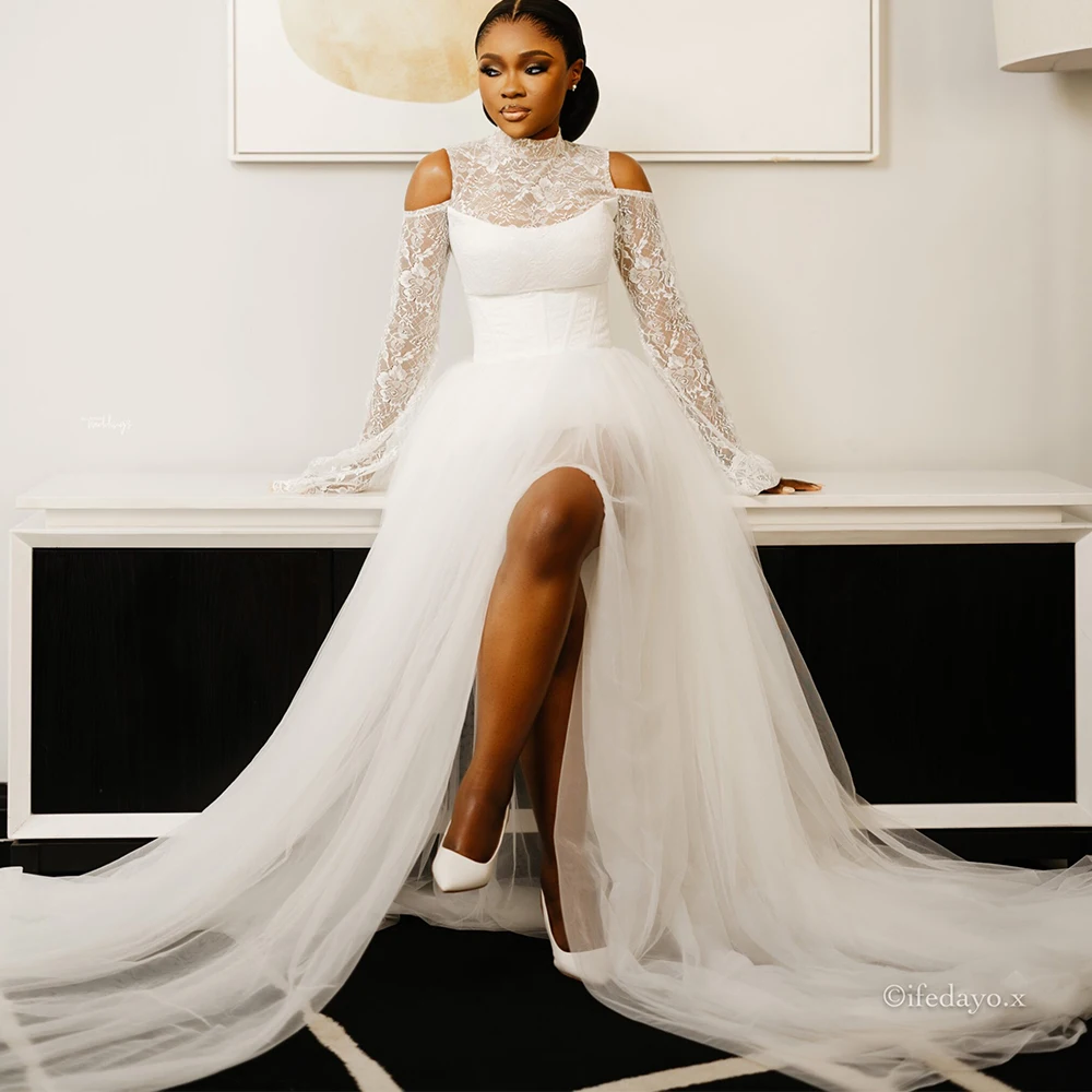 

Nigeria Bride Robe Wedding Dresses Long Flare Sleeve Split Tulle Lace Bridal Shower Dress Prewedding Photoshoot Dress Customized