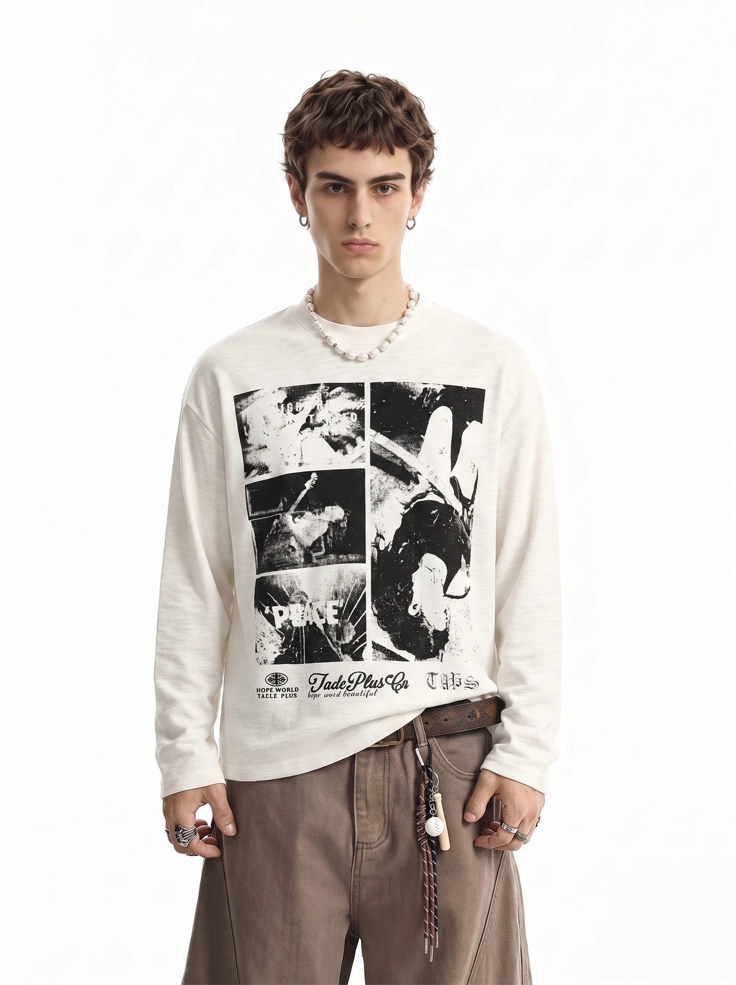 Vintage American High Street Culture Worn Long Sleeve T-Shirt Men's Autumn Fashion Short Wide Top Printed Youth Trend