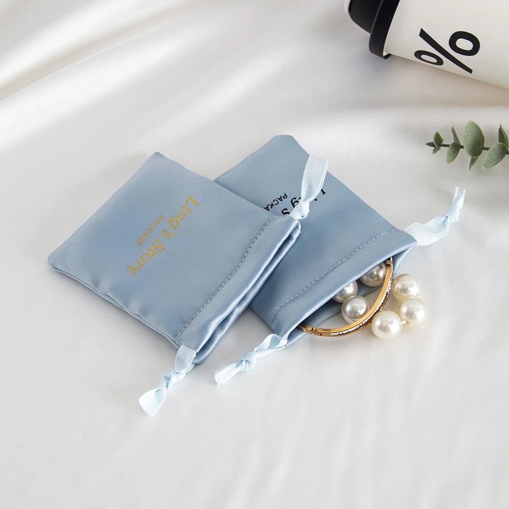 

100pcs Personalized Logo Blue Jewelry Gift Drawstring Bags Wedding Lovely Candy Silk Satin Packaging Pouches Bracelet Organizer