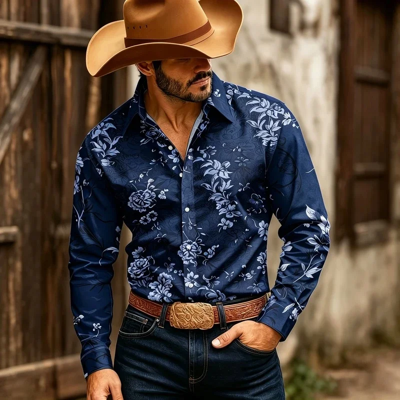 Vintage Floral Men's Long Sleeved Floral Shirt, Western Ranch Style Slim Fit Shirt, Outdoor Street Trend Lapel Top