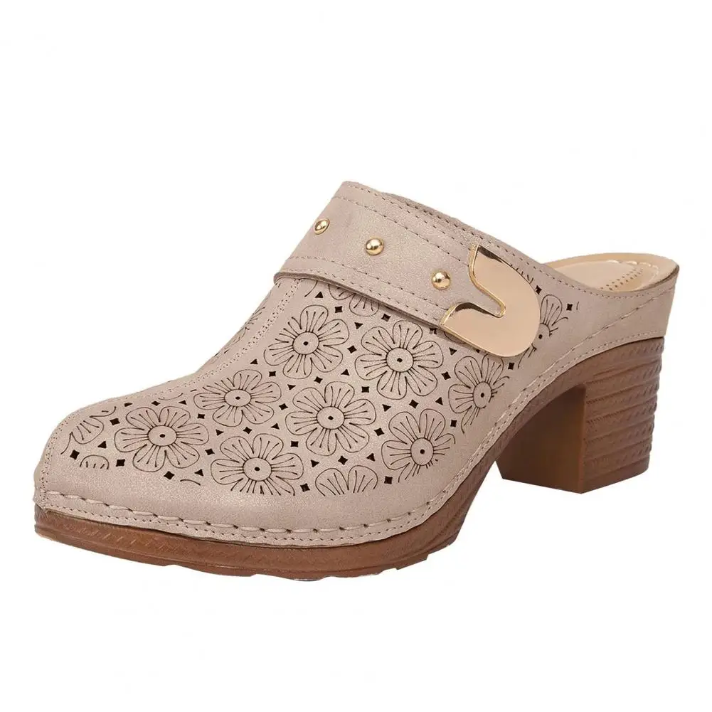 Classic Design Women Shoes Stylish Women's Chunky Heel Mules with Flower Pattern Hollow Upper for Summer Street Parties Fall