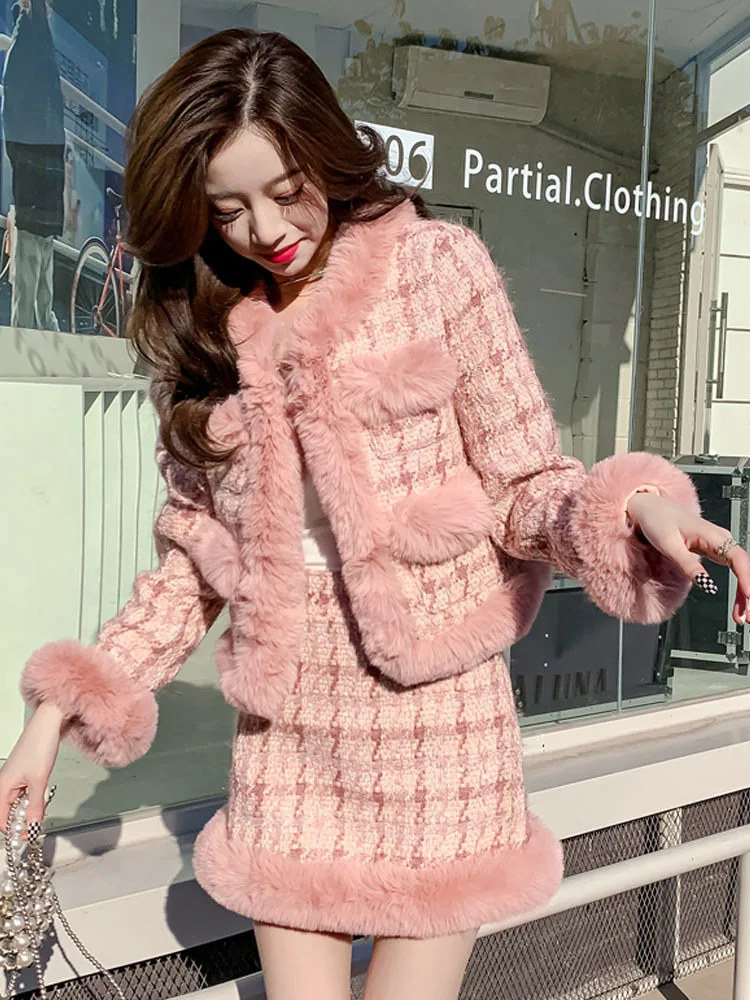 Fall Winter Pink Warm Thick Tweed Two Piece Sets For Women High Quality Elegant Wool Blend Patchwork Plaid 2 Piece Skirt Sets