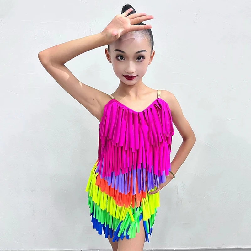 Colorful Fringe Latin Dance Dress Girls Cha Cha Rumba Samba Performance Costume Kids Practice Clothes Competition Dress DNV20620