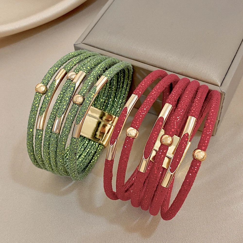 ALLYES Shiny Sequins Multilayer Wrap Leather Bracelet for Women Chunky Boho Tube Beads Wide Bangle Bracelets Charm Jewelry