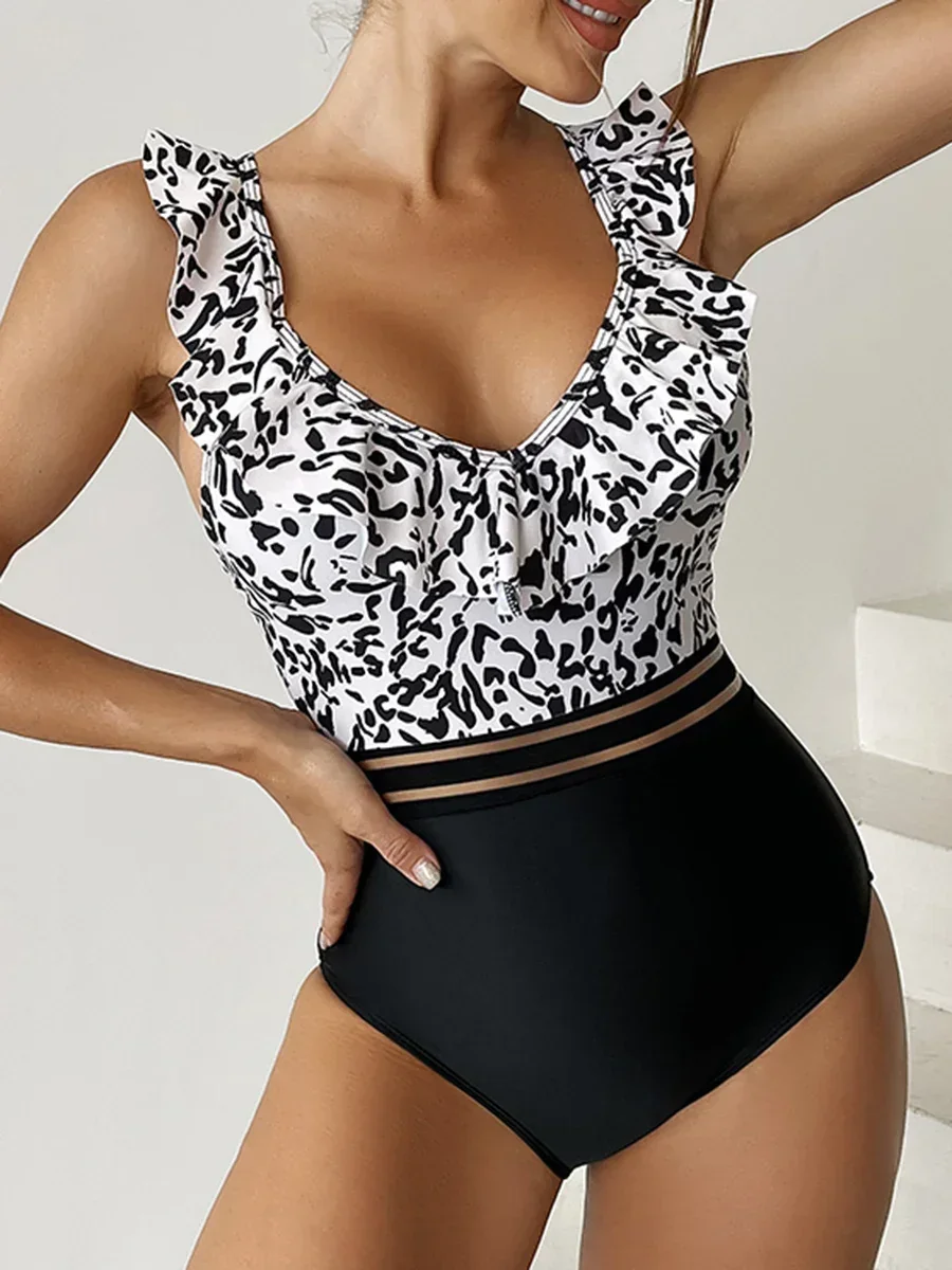 2026 Leopard Women Swimsuit One Piece Mesh Tape Swimwear Female V-neck Bodysuit Bathers Bathing Swimming Suit Sports Beachwear