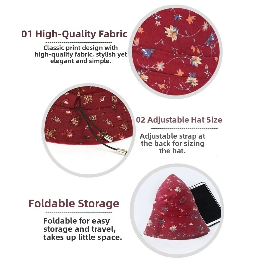 Fashion Cotton Material Women Bucket Hat Foldable Floral Print Fisherman Hat Adjustable Sun Protection Beach Cap Summer