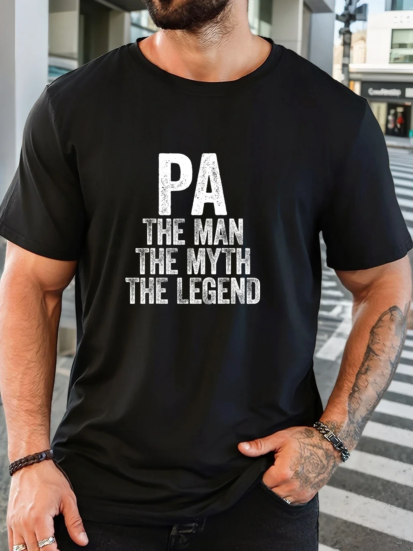 Men Black Crew Neck Tee Distressed Vintage Pa The Man The Myth The Legend Bold Text Grandpa Gift Soft Cotton Male Casual Tops
