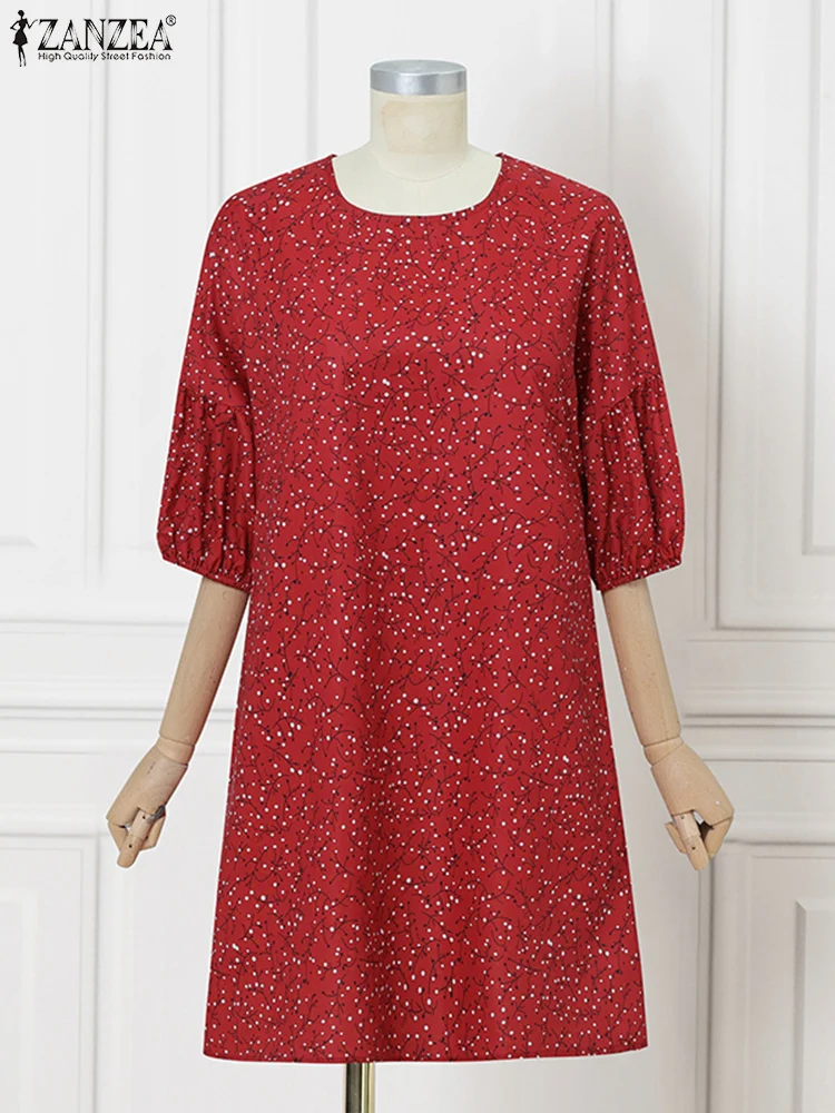 ZANZEA Vintage Print Dress Elegant Knee-Length Sundress Summer Vestidos 2025 Casual Loose Half Lantern Sleeve Party Robe