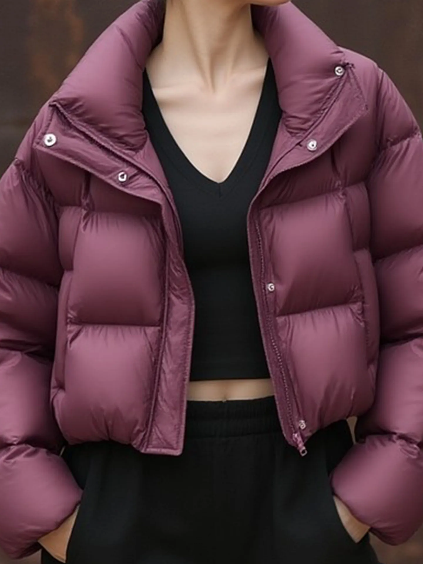 เสื้อโค้ทขนฟูสีแดงไวน์สำหรับผู้หญิง สไตล์เกาหลี แฟชั่นลำลอง เอวสูง แขนยาว อุ่นสบาย