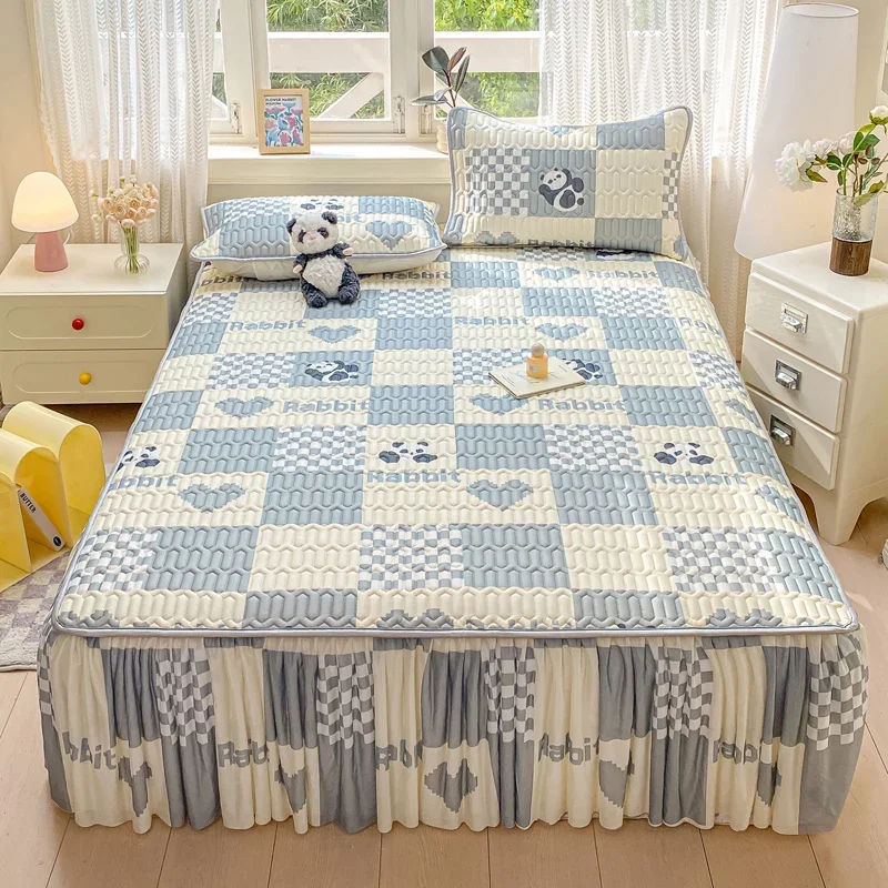 

For 2025 Class A Summer Cool Feeling Ice Fabric Mattress Cover Chessboard Panda Print Bed Sheet Cool Pad Mat And 2 Pcs Pillowcas