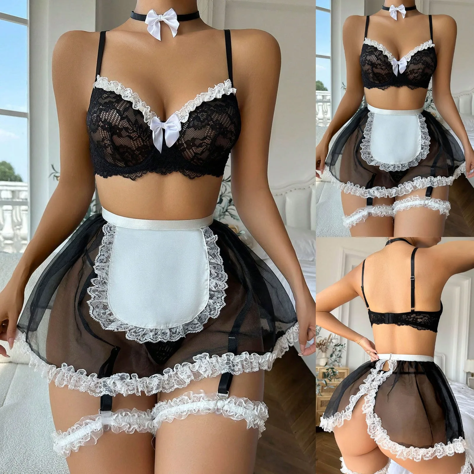 Roupa interior sexy definida para mulheres, Fun Maid Dress, Sutiã sexy, Lace Bra, Vestido servo com arco anel de aço