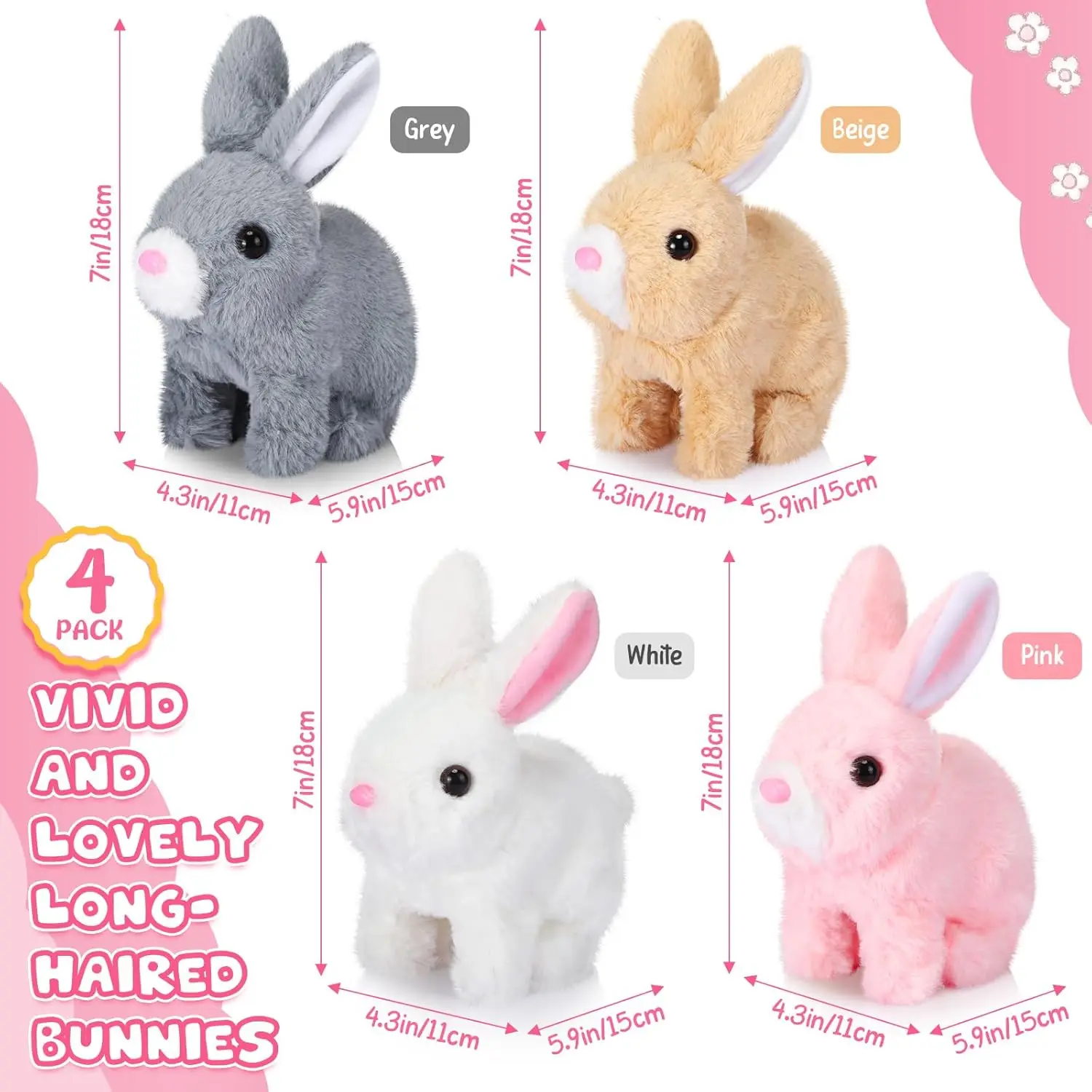 4Pcs 7-inch Fluffy Electric Rabbit Toys, interactive plush dolls that walk bark and wag tail, lovely Easter gifts