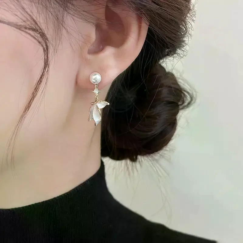French Style Pearl Fan Shaped Earring Versatile Elegant Ear Accessory for Work and Date Light Luxury Jewelry Making Gift Idea