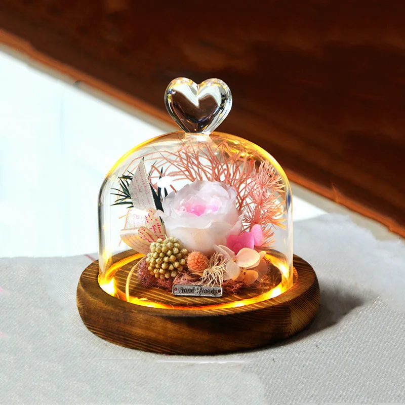 4sets/pack 10*8cm Heart Top Glass Dome Vase Home Deocration Flat Antique Base Transparent Cover Wedding Live Prop Birthday Gift