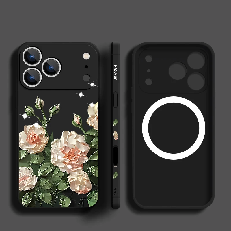 حافظة هاتف مطبوعة على شكل زهرة الورد لهاتف آيفون 17 برو ماكس 16E Air 16 15 14 13 12 Pro Max 11 مغناطيسية لهاتف Magsafe غطاء حبل ناعم من البولي يوريثان #5