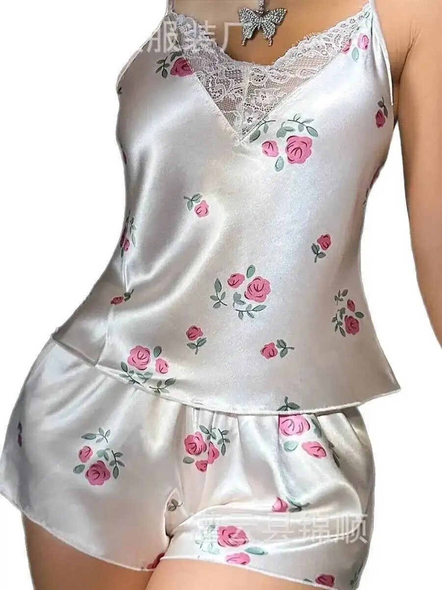 여름 뜨거운 판매 꽃 패턴 반바지 세트 레이스 트림 순수한 욕망 캐주얼 여성 반바지 세트 딥 V 민소매 우아한 DALY