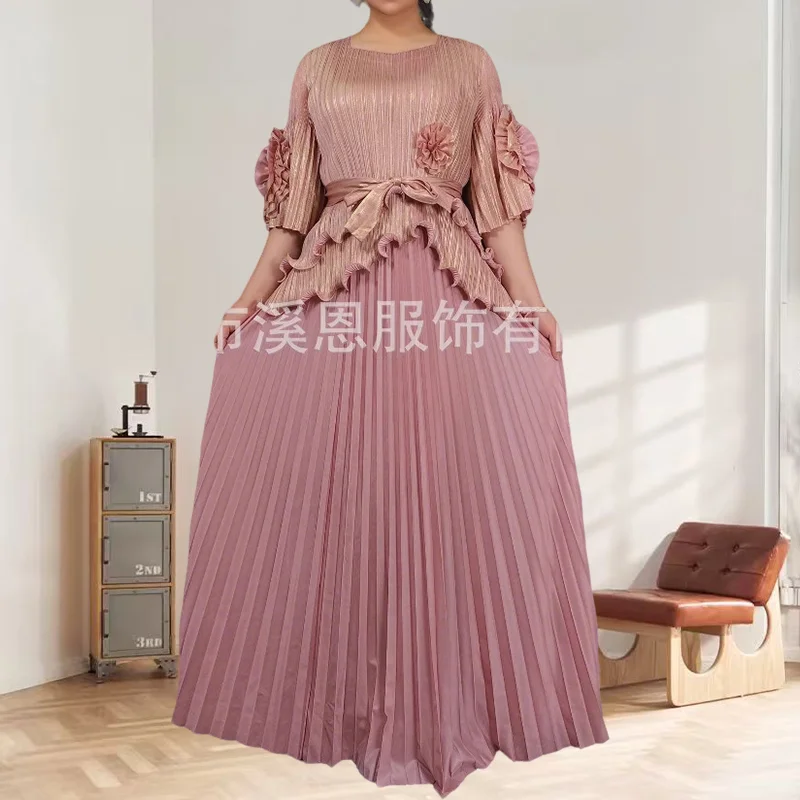 

Miyake Pleated Skirt Set Fashion Solid Casual Studded Flower Irregular Stamped Wooden Ear Trim Fold Top Halter Pleat Skirt Set