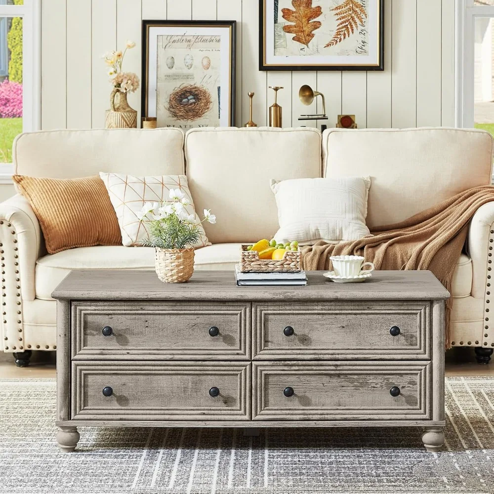 48" Farmhouse Coffee Table with Hidden Storage,Wooden Coffee Tables with 4 Drawers & Roman Column Handle,Rectangular Rustic Cent