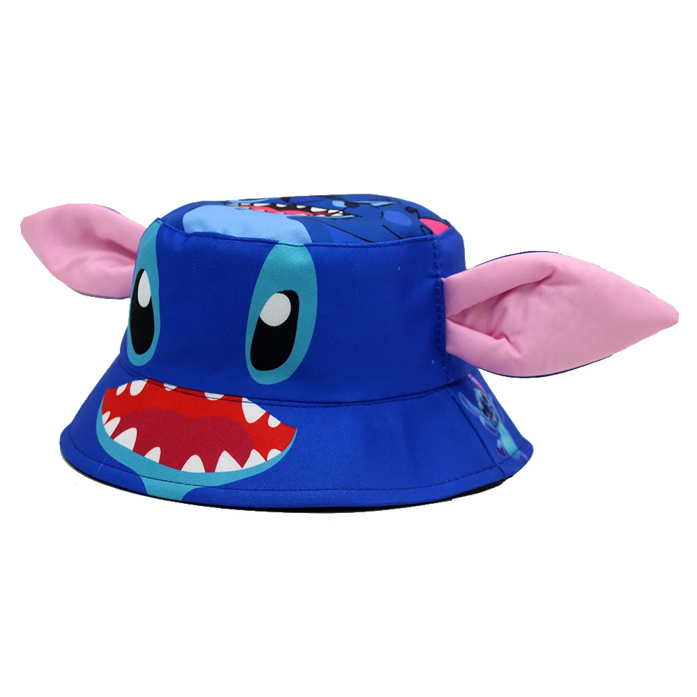 Niedlicher blauer Eimerhut mit Stichmuster für Kinder, leichter Sonnenhut mit rosa großen Ohren, Cartoon-Outdoor-Fischermütze für Jungen und Mädchen